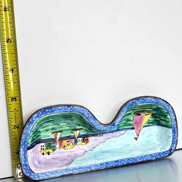 Hand-Painted Kelvin Chen Enamel Copper Eyeglasses Dish Tray Sailboat Scene 2001 - Picture 2 of 8
